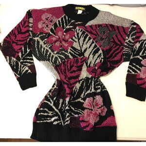 Vintage 80s Black Silver Pink Metallic Sweater Mob Wife Novelty Abstract  (T2)